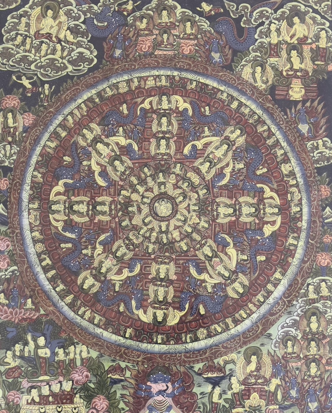 Tibetan School, two ink and gouache on fabric thangka, 42 x 34cm